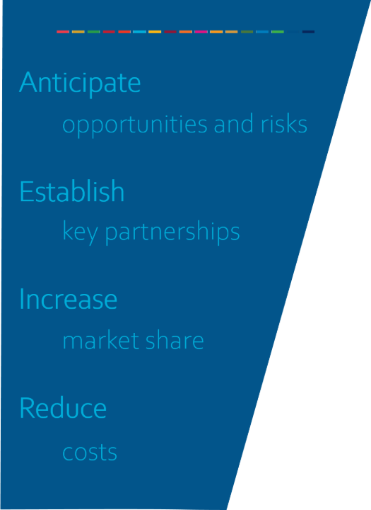 Antecipate opportunities ans risk. Establish key partnerships. Increase market share. Reduce costs.